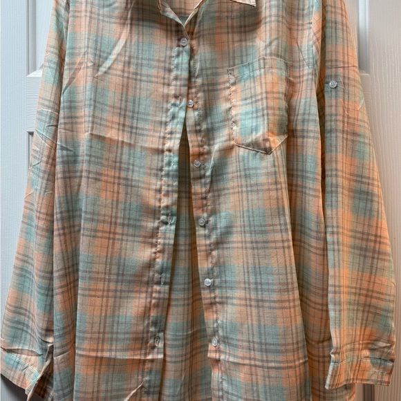 ADORA Tops - Women’s Plaid Button-Down Shirt in Peach & Mint